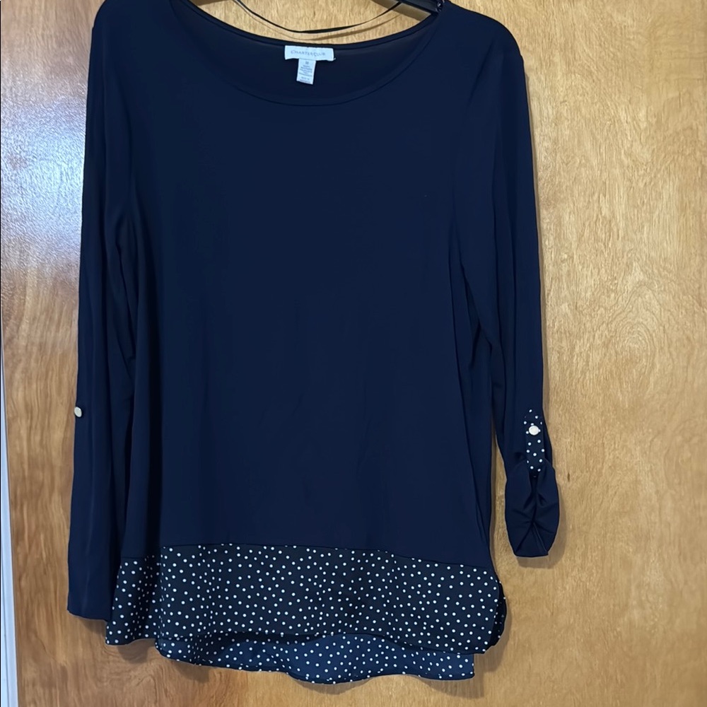 Charter Club Blue Blouse with Polka Dot Hem